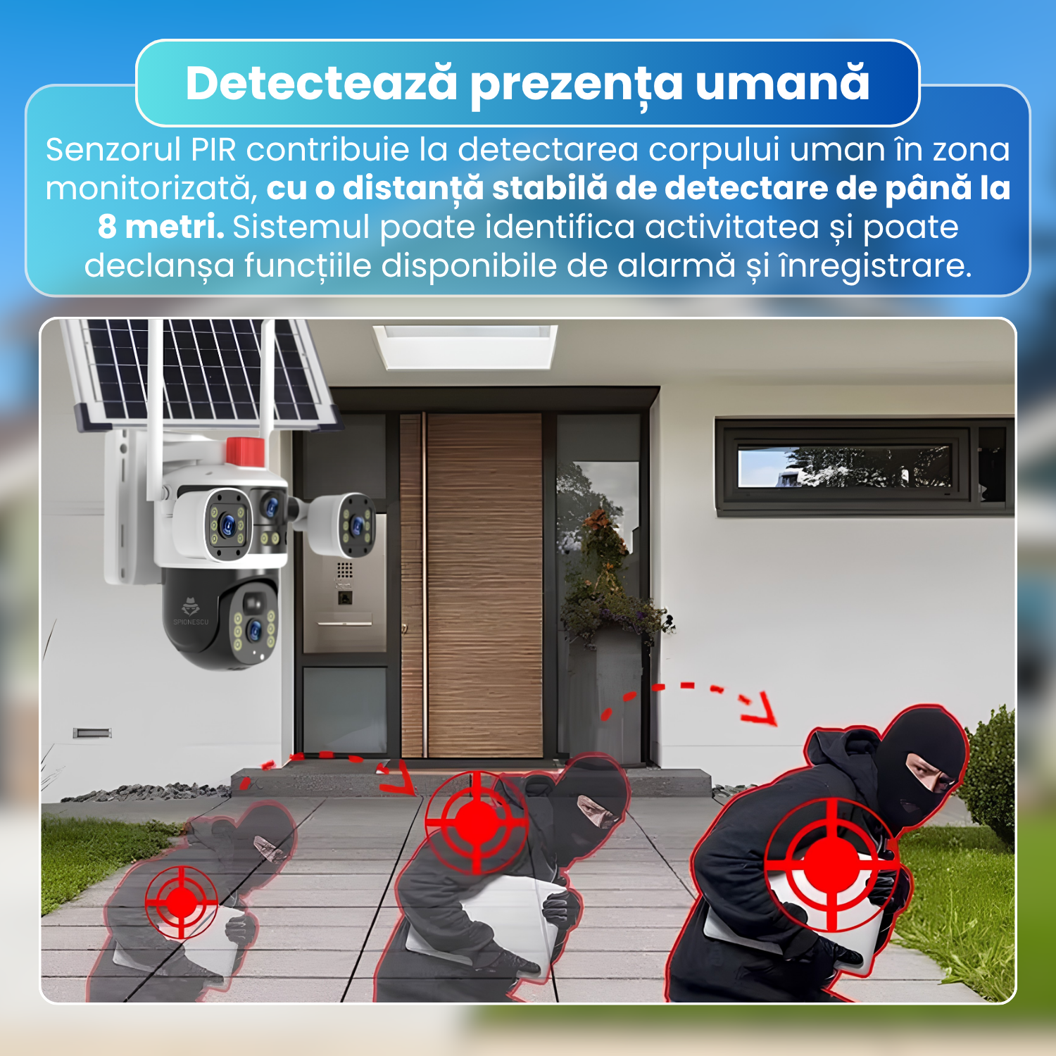 Camera supraveghere exterior 4G cu panou solar, 6MP, 3 lentile, PTZ 340°, detectare PIR, urmarire automata, vedere nocturna color si IR, audio bidirectional, baterie 8000mAh, IP65, alb