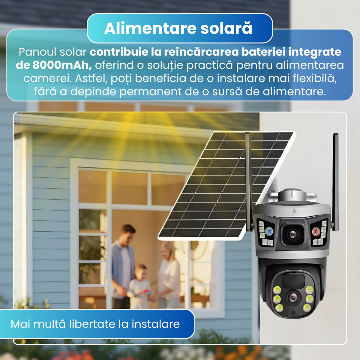 Camera de supraveghere exterior 4G, Dual Lens 6MP, panou solar, baterie 8000mAh, PTZ 355°, detectare persoane, vedere nocturna color, audio bidirectional, negru
