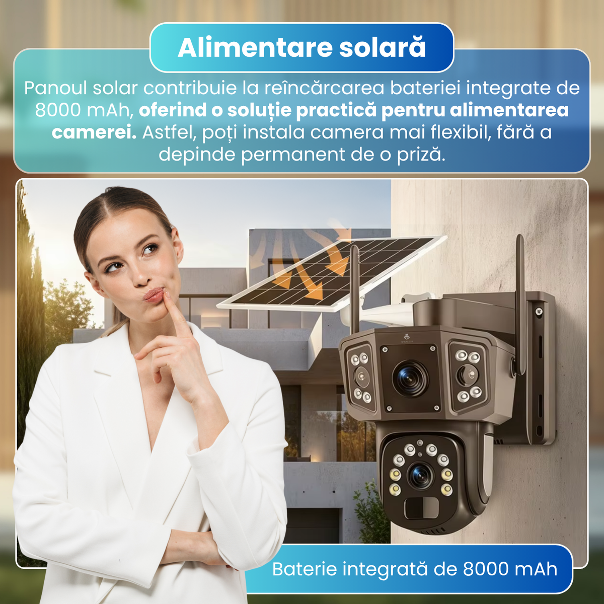 Camera de supraveghere exterior 4G cu panou solar, 6MP Dual Lens, PTZ 355°, detectare PIR persoane, vedere nocturna color, audio bidirectional, baterie 8000mAh, IP66, negru