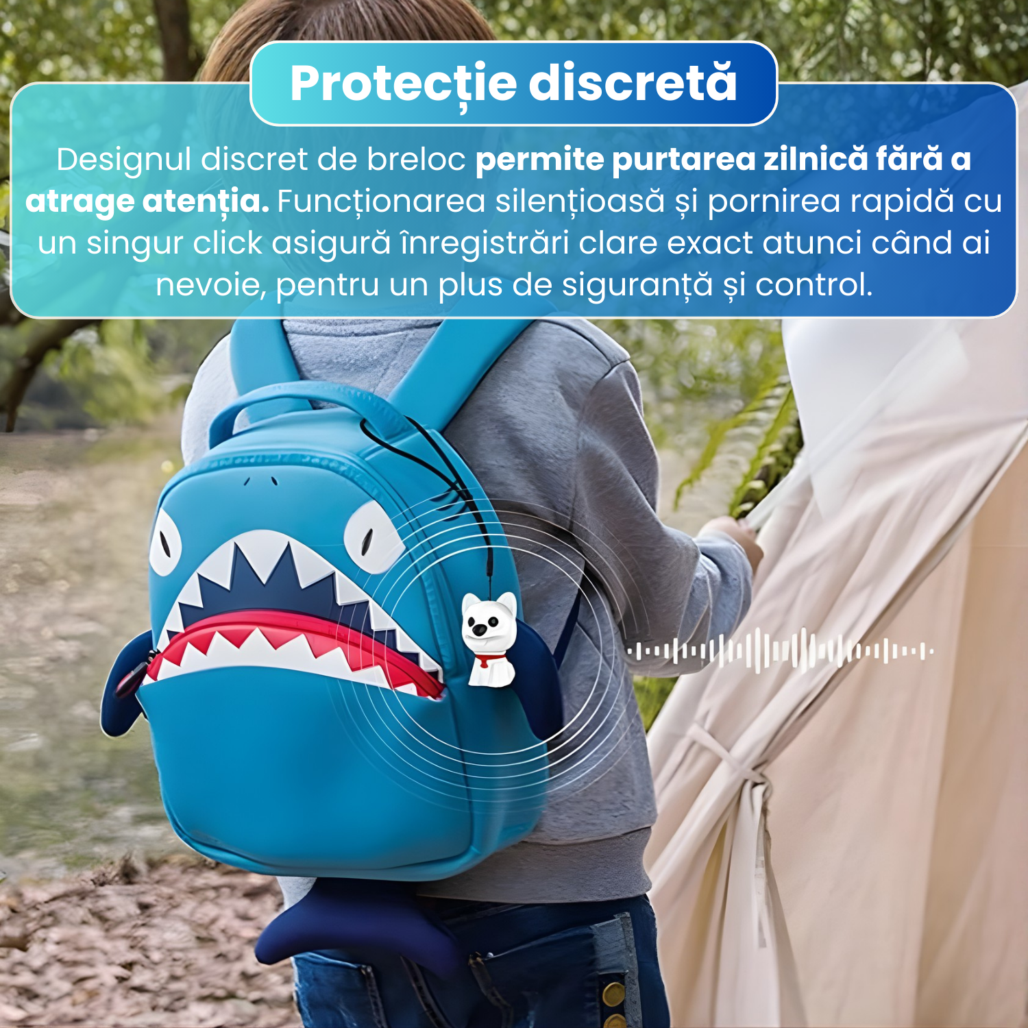 Mini reportofon spion tip breloc, GL-16, design caine, activare vocala, inregistrare silentioasa, autonomie pana la 70 ore, rezistent la apa si praf, MP3 player, memorie interna, alb