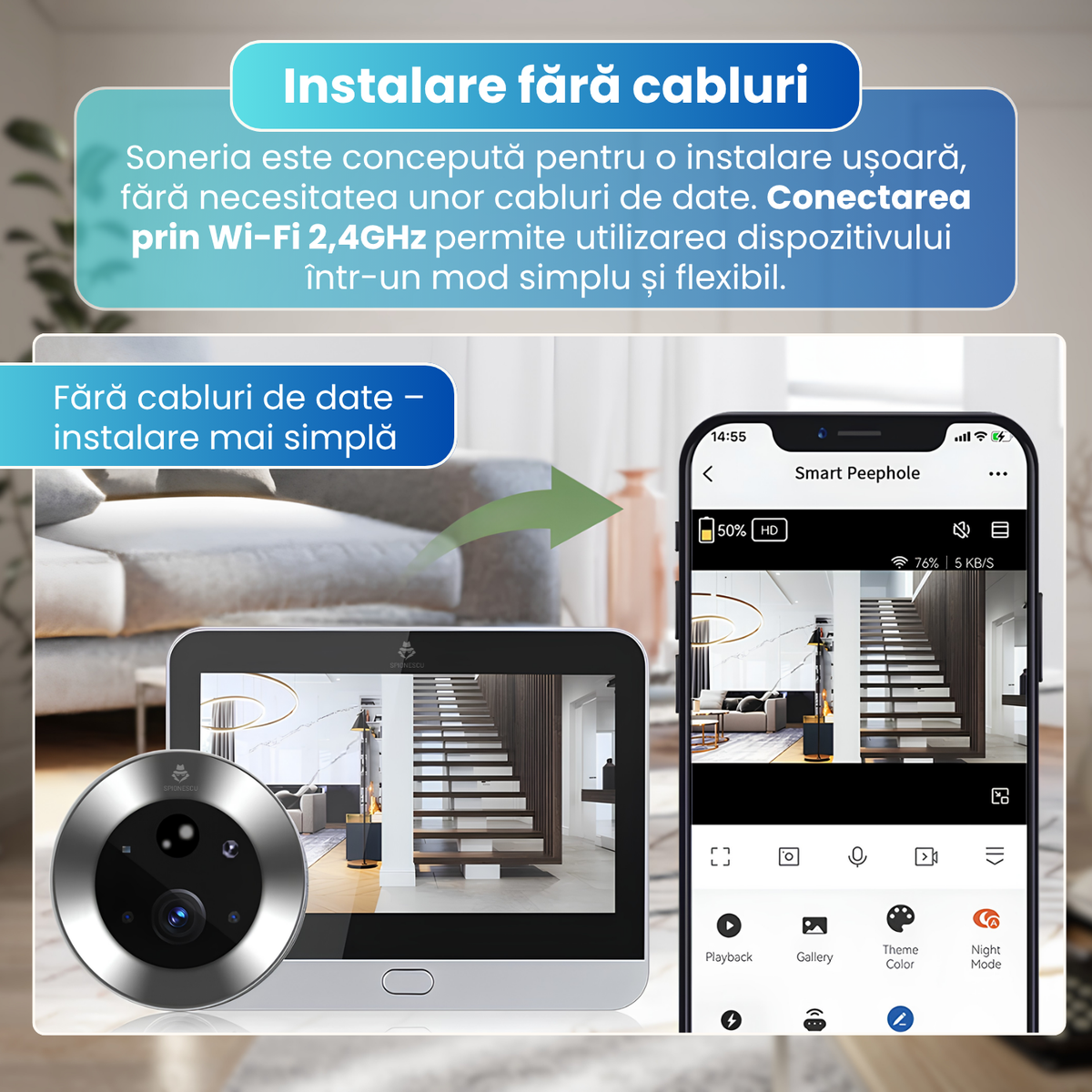 Sonerie video cu vizor digital, camera 2MP Full HD 1080P, ecran LCD 4.3 inch, WiFi 2.4GHz, Tuya Smart, detectare miscare PIR, Night Vision IR, unghi 120°, baterie 5000mAh, Cloud, gri