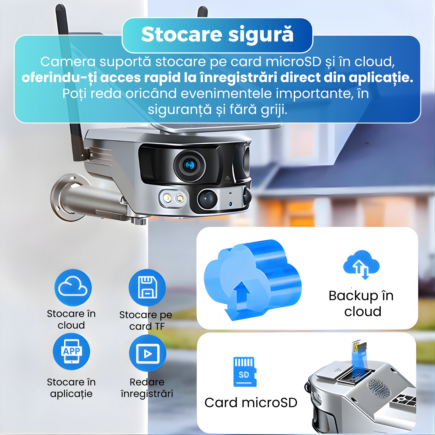 Camera de supraveghere 4G, panou solar, 4K UHD 8MP, unghi 180°, detectie umana AI, urmarire automata, audio bidirectional, stocare cloud si card TF, IP66, baterie 18000 mAh, gri