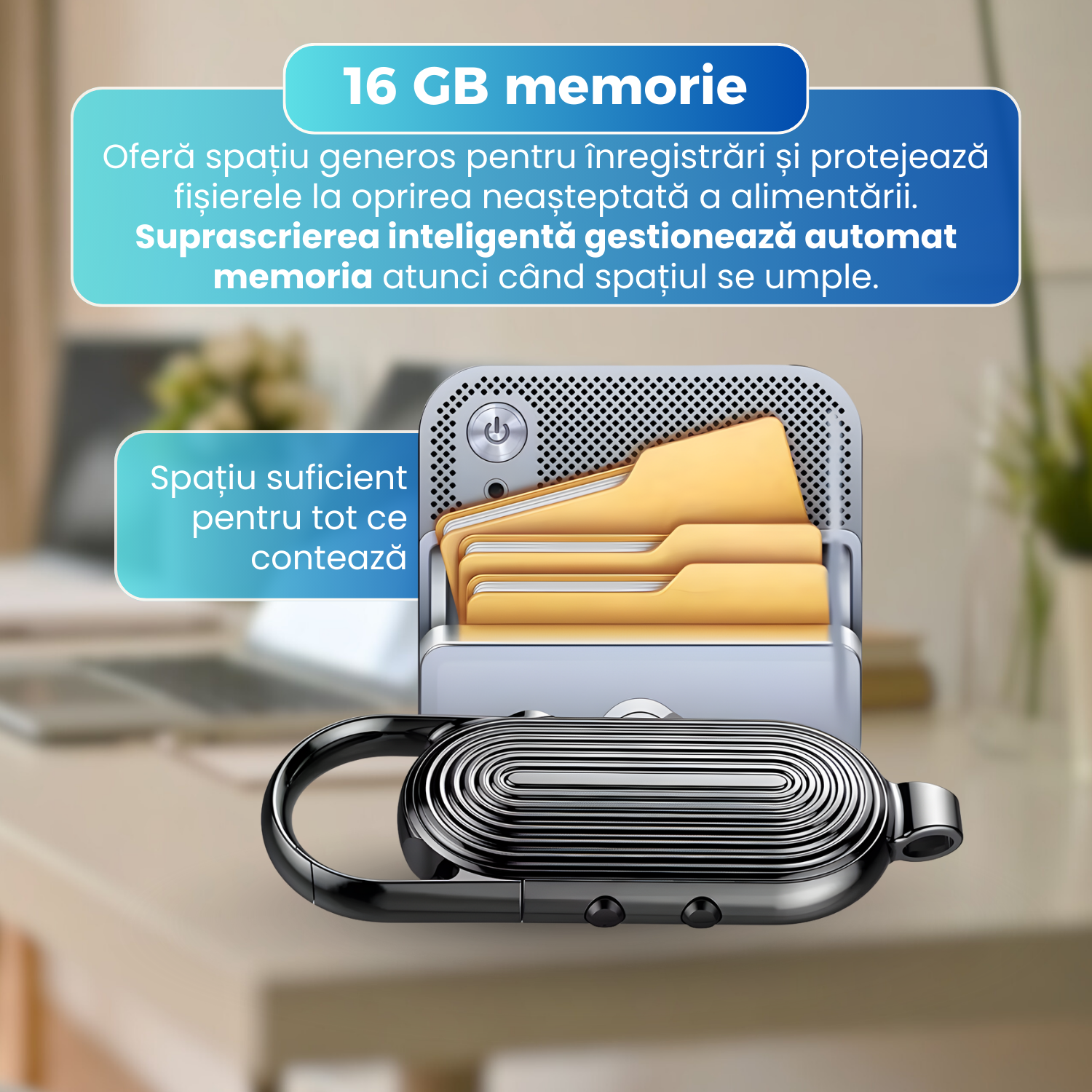 Mini reportofon spion tip breloc, S22, activare vocala, 16 GB, redare MP3, monitorizare in timp real, autonomie extinsa, salvare automata, negru