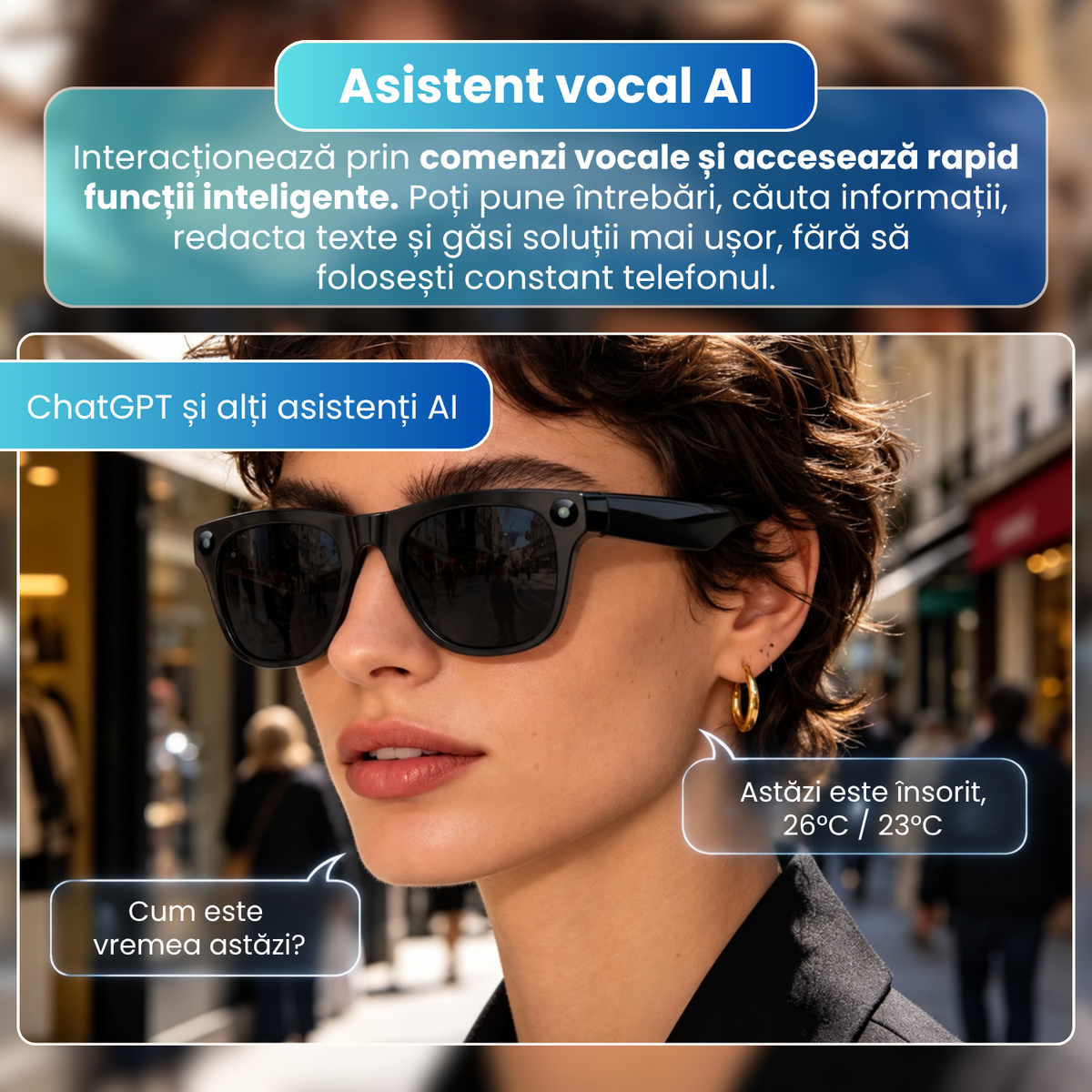 Ochelari inteligenti cu camera 8 MP, traducere AI, audio wireless, microfon integrat, asistenta AI, baterie 290 mAh, rama PC, 40 g, negru