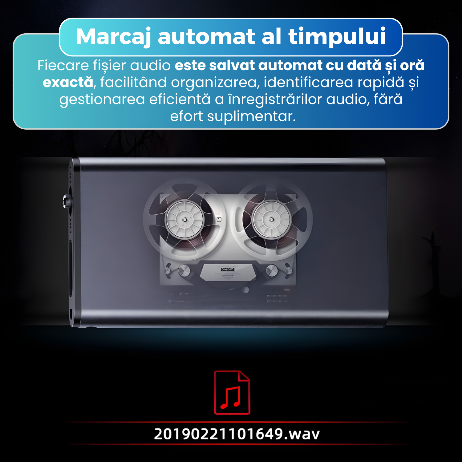Mini reportofon profesional Q1, activare vocala, reducere zgomot DSP, format WAV 192 kbps, autonomie pana la 18 ore, design ultra-compact, negru