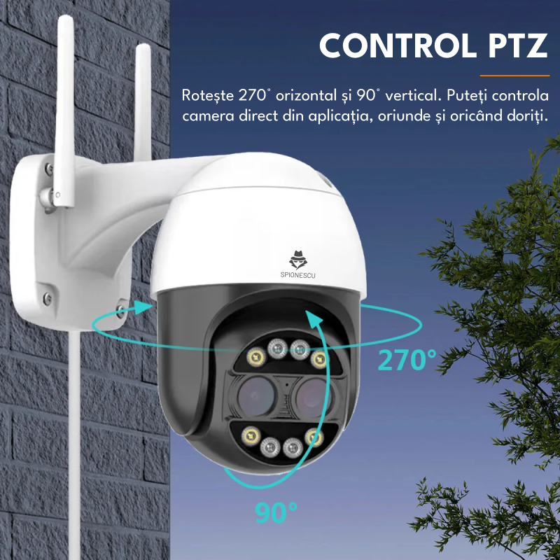 Camera de supraveghere, WiFi, 8MP, 4K, zoom digital 8x, detectie umana AI, vedere nocturna, urmarire automata, audio bidirectional, lentile duble, rezistenta apa IP66