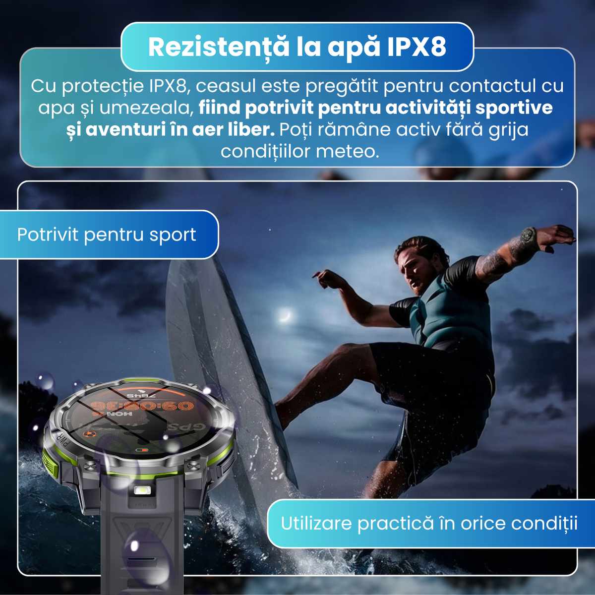 Smartwatch inteligent cu GPS, Harti Offline si Apeluri Bluetooth, Ecran HD 1.46", Baterie 1200 mAh, IPX8, Busola, Altimetru, Monitorizare Somn, Peste 100 Moduri Sport, ChatGPT, Android si iOS, negru