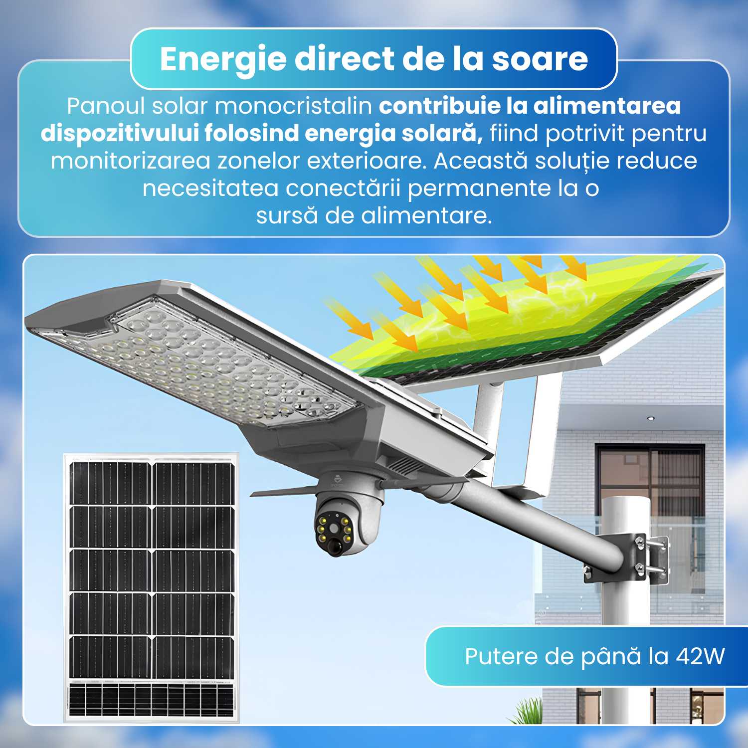 Lampa stradala LED cu camera supraveghere 4G, 4MP, PTZ 340°, urmarire automata, panou solar monocristalin 42W, baterie 42Ah, 78 LED-uri 5054, senzor PIR, vedere nocturna color si IR, audio bidirectional, IP65, gri