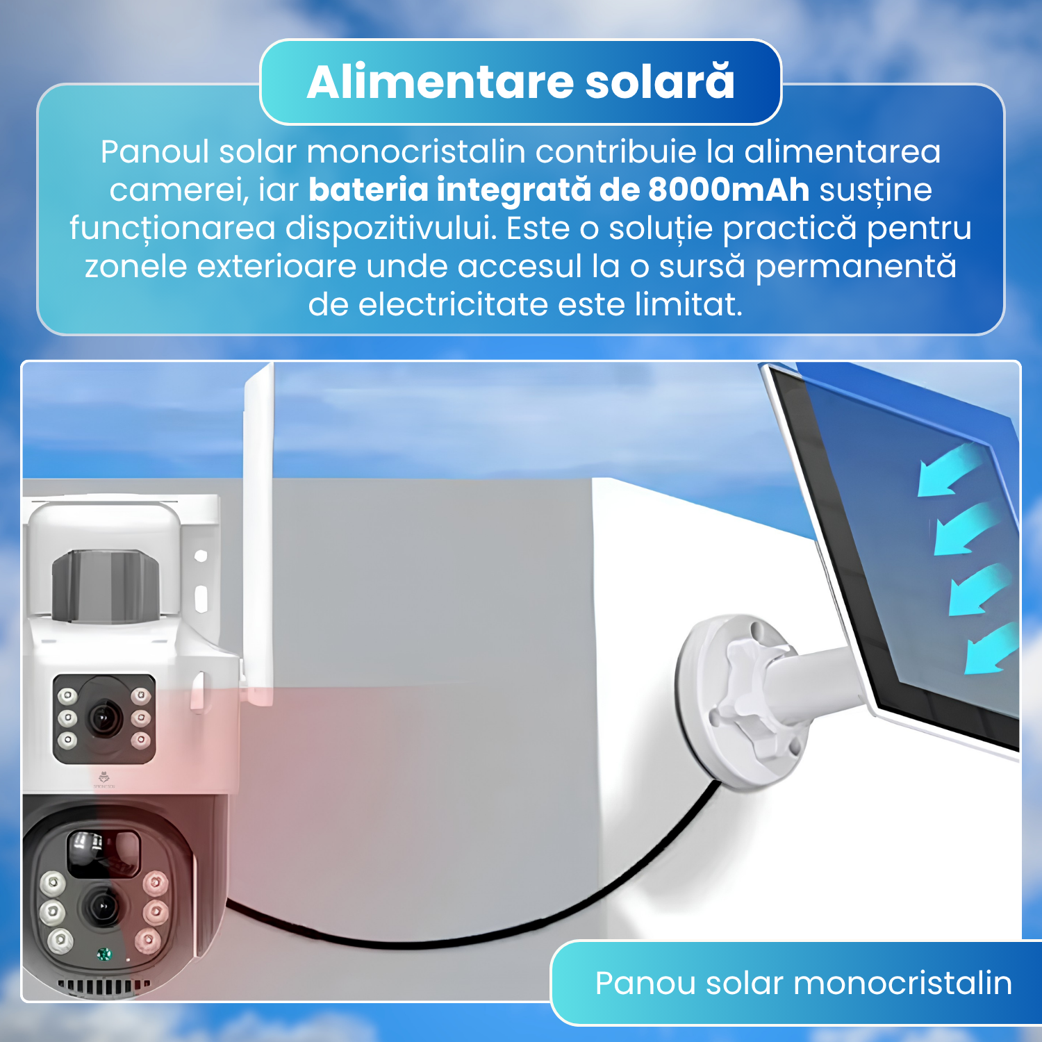 Camera supraveghere 4G cu panou solar, 6MP, PTZ 340°, urmarire automata, detectare PIR, vedere nocturna color si IR, audio bidirectional, baterie 8000mAh, IP65, alb