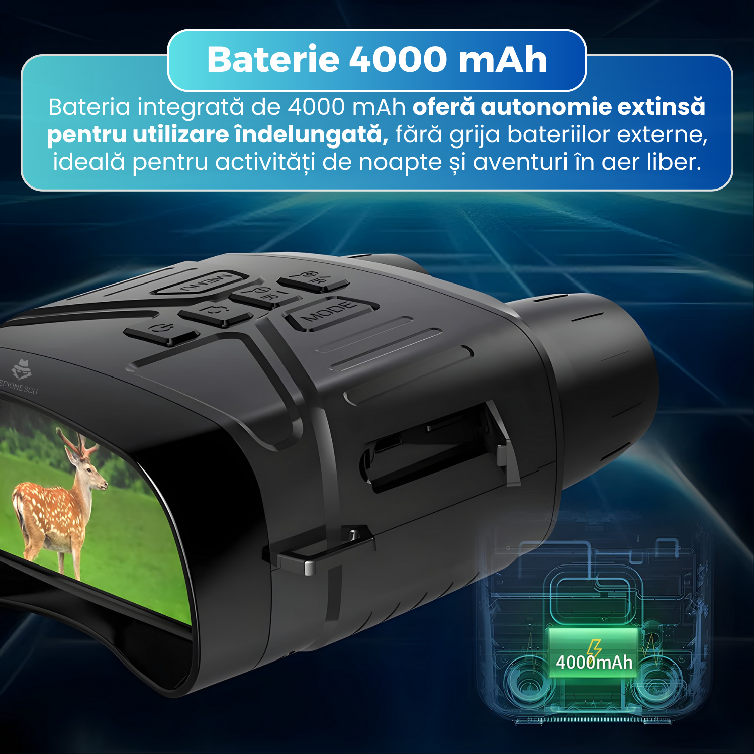 Binoclu profesional cu vedere nocturna, inregistrare video 4K, zoom digital 5x, infrarosu 7 niveluri, ecran LCD 3”, baterie reincarcabila 4000 mAh, memorie interna 32 GB, utilizare zi si noapte, negru