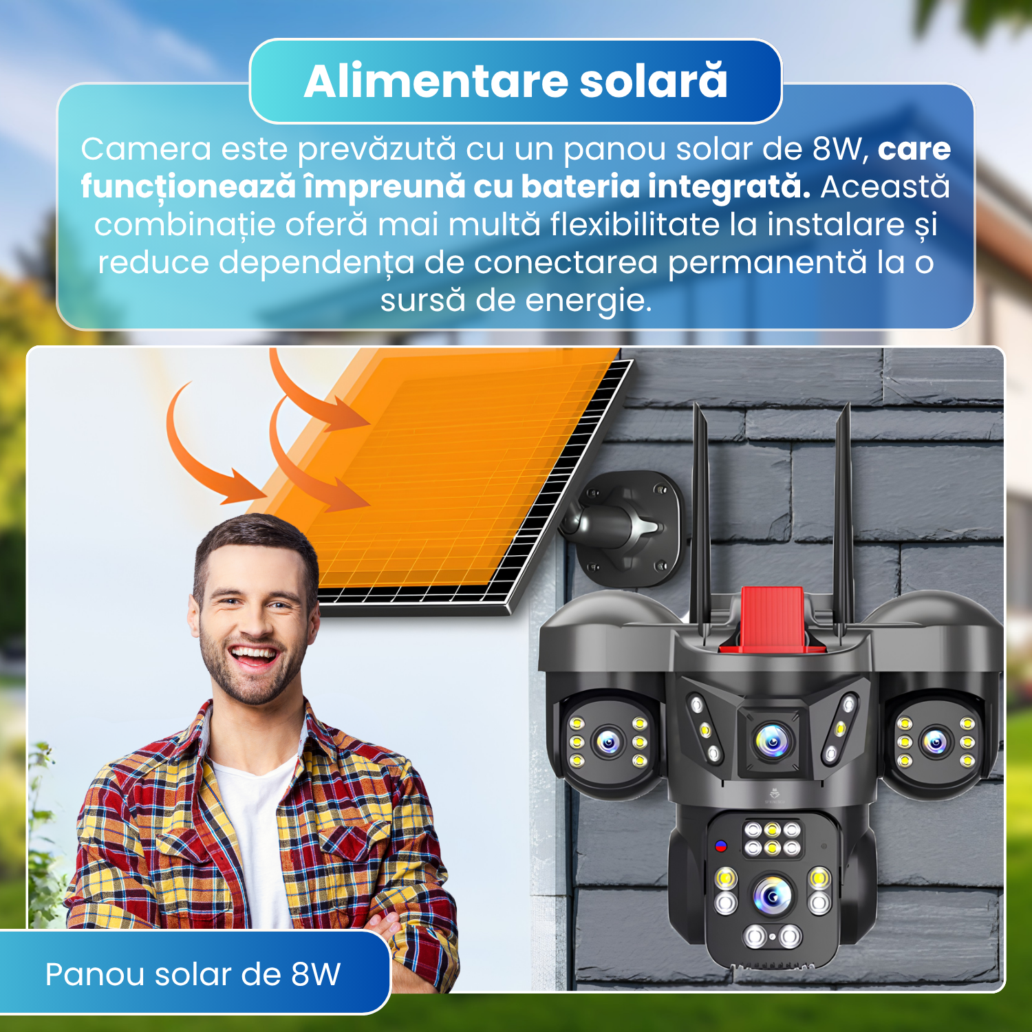 Camera de supraveghere exterior 4G, 3 lentile 12MP, 3 ecrane, AOV 24/7, PTZ, Motion Tracking, detectare AI persoane, vedere nocturna Full Color pana la 15 m, audio bidirectional, panou solar 8W, baterie 8000mAh, negru