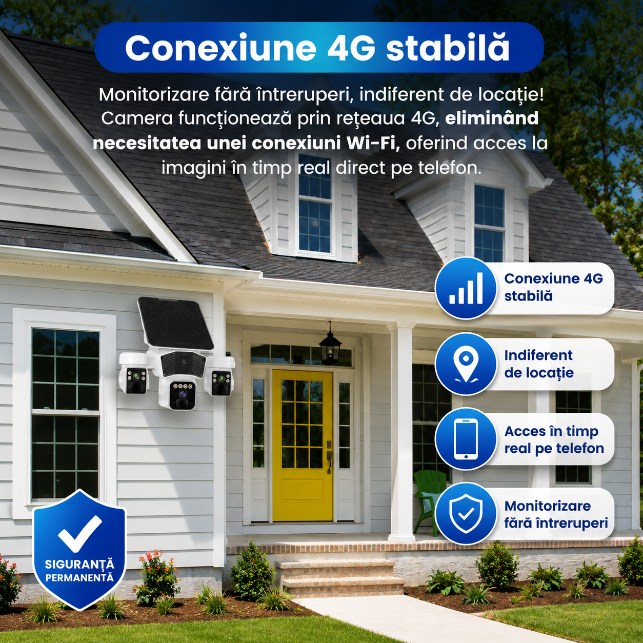 Camera Supraveghere Exterior Tripla 4G cu SIM, 12MP, Panou Solar + Baterie 16000mAh, Viziune Nocturn