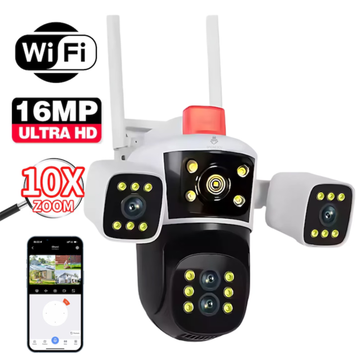 Camera de supraveghere tripla, P8, 16MP, 360 grade, ultra HD 4K, Wi-Fi, vedere nocturna, senzor de miscare, stocare SD/cloud, alarma