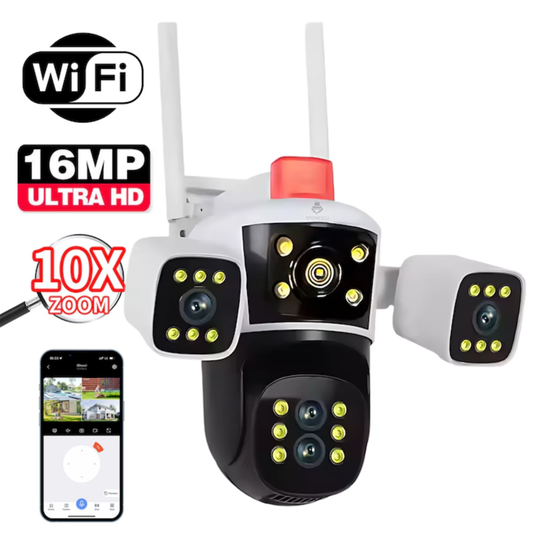 Camera de supraveghere tripla, P8, 16MP, 360 grade, ultra HD 4K, Wi-Fi, vedere nocturna, senzor de miscare, stocare SD/cloud, alarma