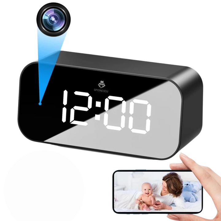 Ceas spion cu camera ascunsa, TC100, WIFI, unghi de 166°, vedere nocturna, detectarea miscarii, baterie 2500 mAh, negru