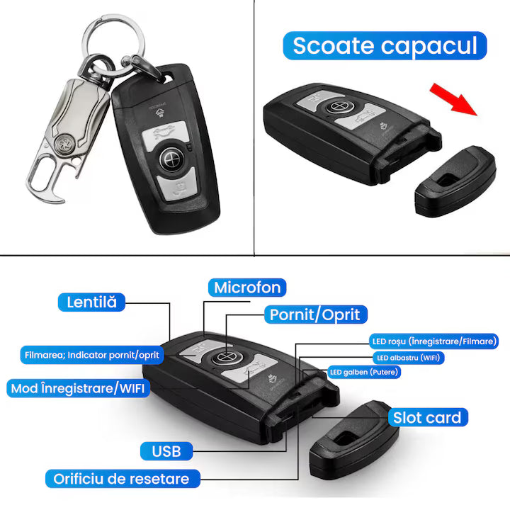 Cheie auto spion cu camera ascunsa si breloc, K800, 4K, unghi de vizualizare 75°, baterie 900 mAh, autonomie 2 ore