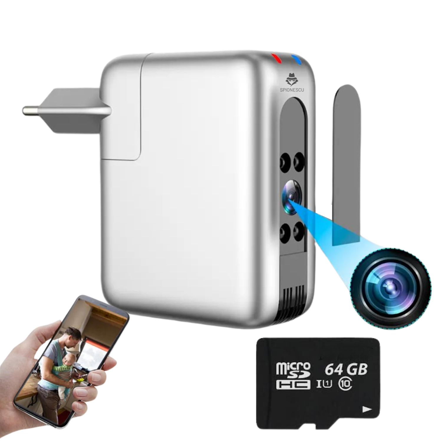 Incarcator USB cu camera ascunsa 4K, B22, WIFI 2.4GHz, vedere nocturna, detectarea miscarii, unghi de 166°