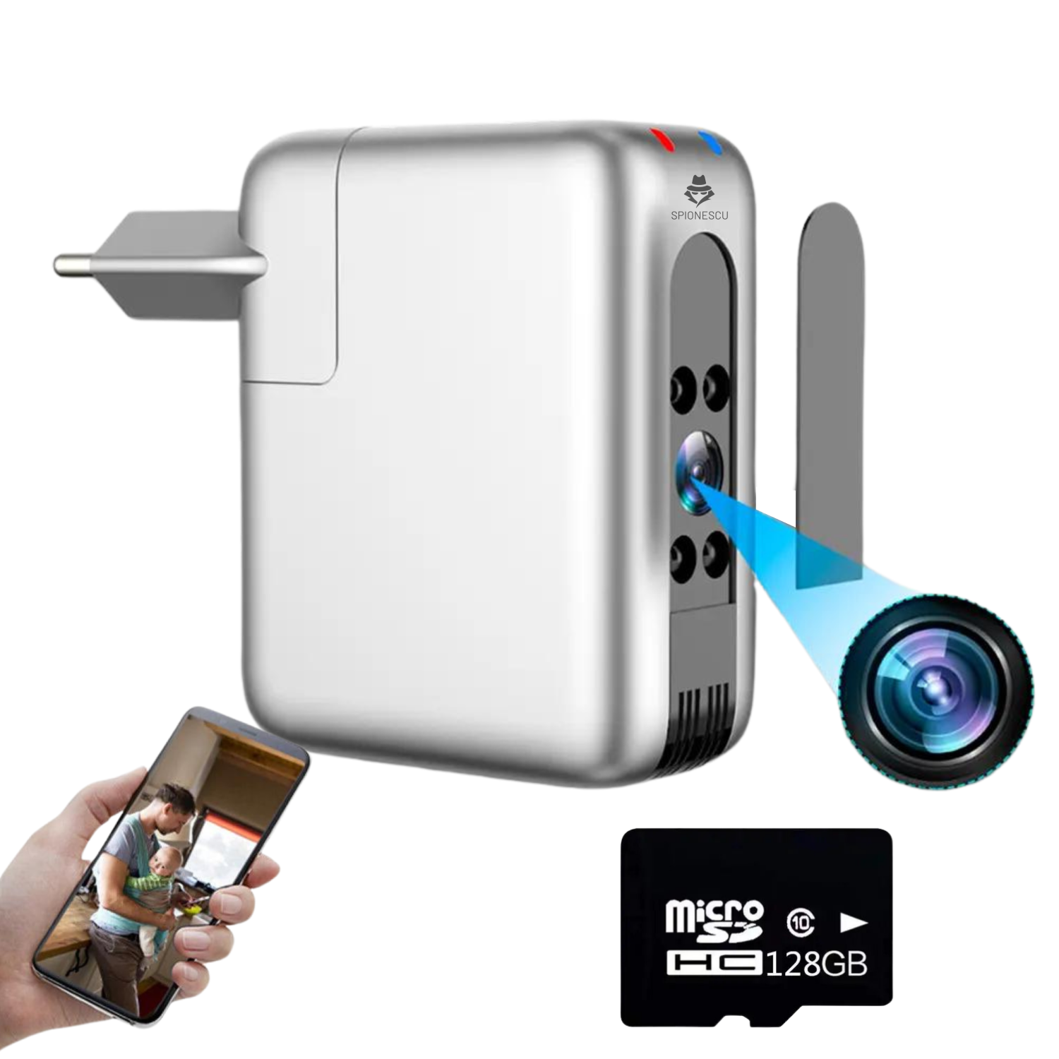 Incarcator USB cu camera ascunsa 4K, B22, WIFI 2.4GHz, vedere nocturna, detectarea miscarii, unghi de 166°