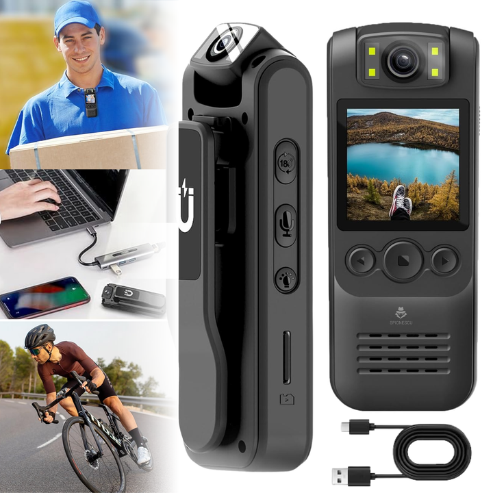 Camera video corporala, body cam 1080P, WiFi HotSpot, baterie 1300 mAh, unghi larg de 180°, lanterna integrata, dimensiuni compacte 9.9 x 2.5 x 3.8 cm, design portabil, inregistrare discreta