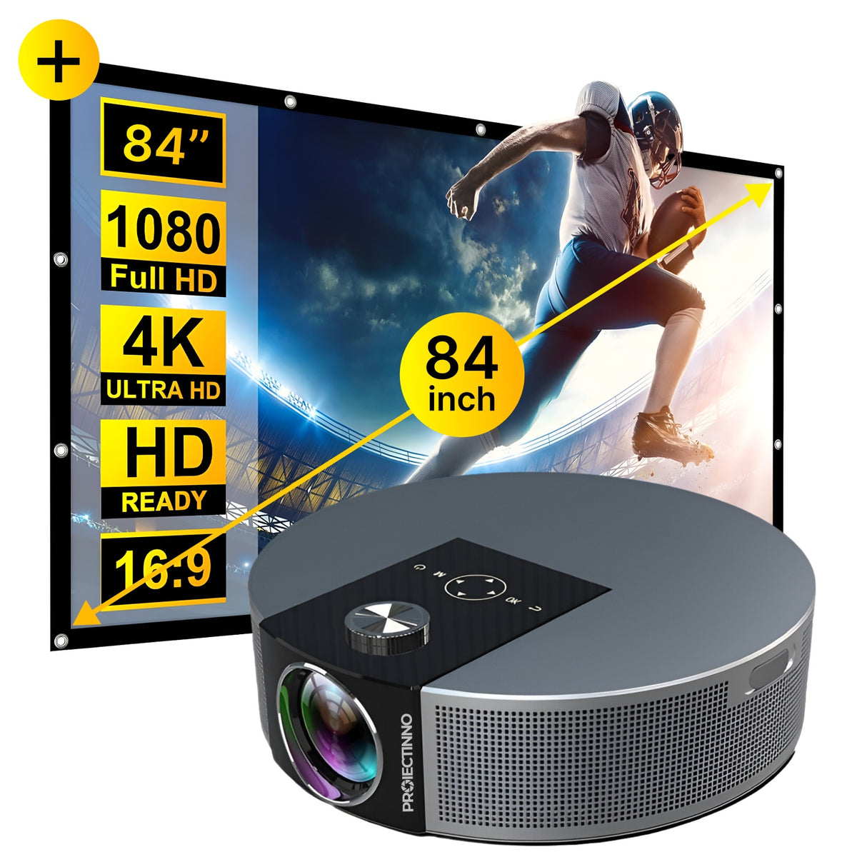 Videoproiector Q10, cu ecran de proiectie 84 inch inclus, Full HD 1920x1080, WiFi 2.4G+5G, Bluetooth 5.0, Android, 1GB RAM+8GB ROM, portabil