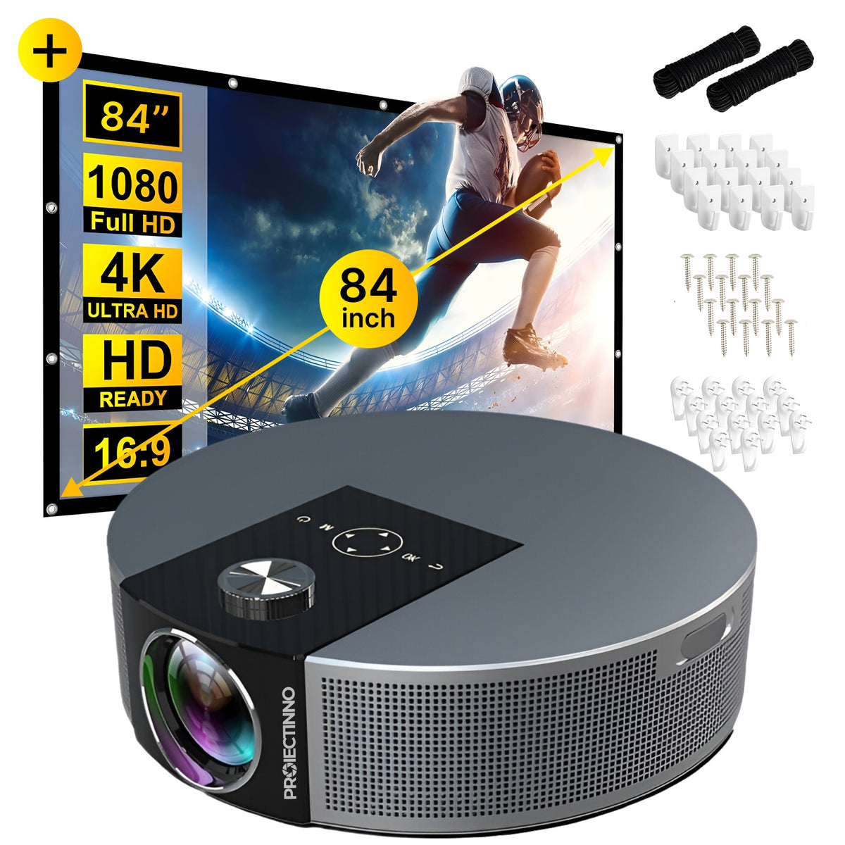 Videoproiector Q10, cu ecran de proiectie 84 inch inclus, Full HD 1920x1080, WiFi 2.4G+5G, Bluetooth 5.0, Android, 1GB RAM+8GB ROM, portabil