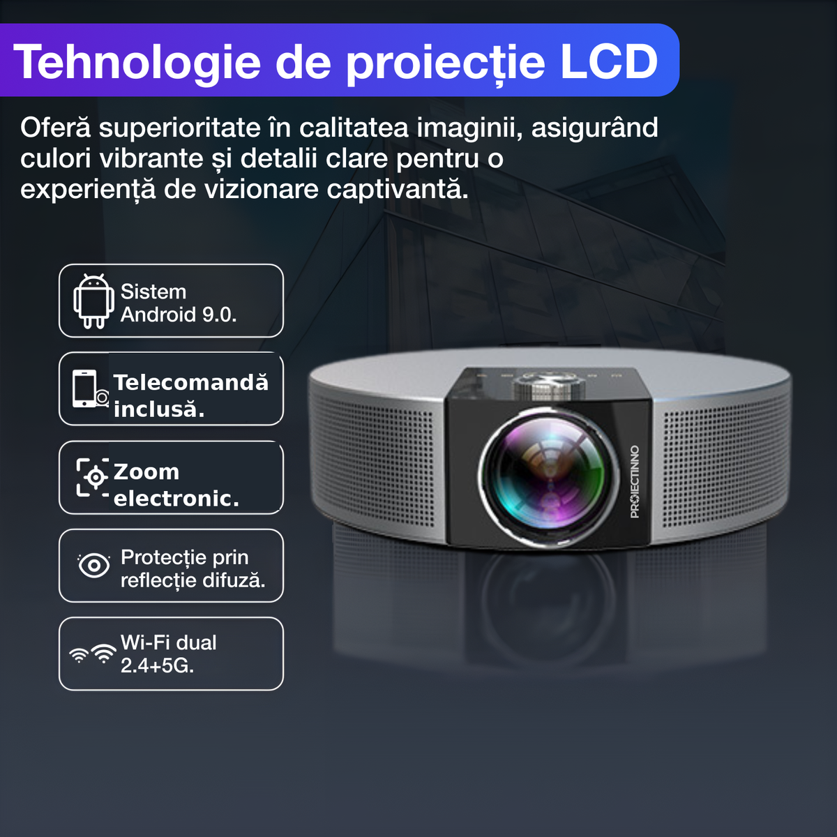 Videoproiector Q10, cu ecran de proiectie 84 inch inclus, Full HD 1920x1080, WiFi 2.4G+5G, Bluetooth 5.0, Android, 1GB RAM+8GB ROM, portabil