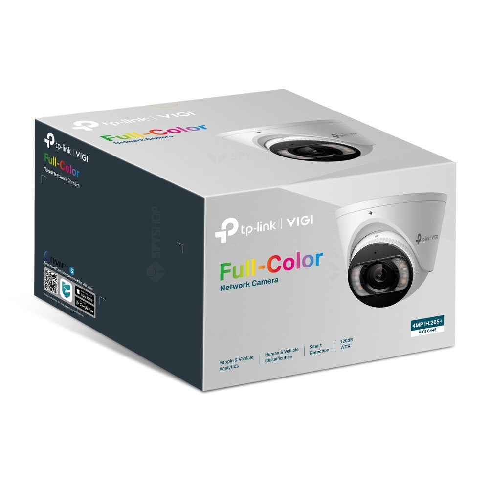 Camera supraveghere IP Dome TP-LINK Full Color VIGI C445, 4MP, 2.8 mm, IR/lumina alba 30 m, microfon, detectie si clasificare om/vehicul, slot card, vizualizare de pe telefon, PoE
