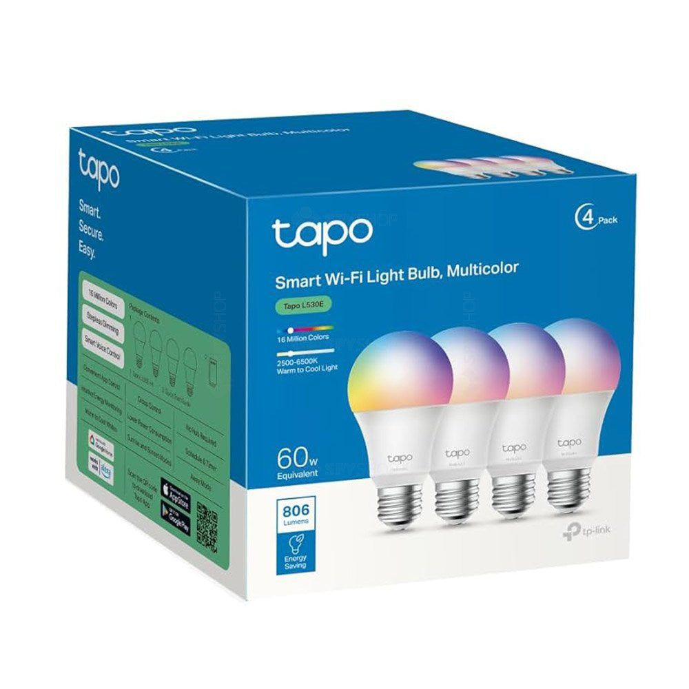 Pachet 4 becuri LED smart WiFi TP-Link TAPO L530E(4-PACK), 2.4 GHz, 806 lumeni, 60 W, 2500-6500 K, multicolor, control din aplicatie