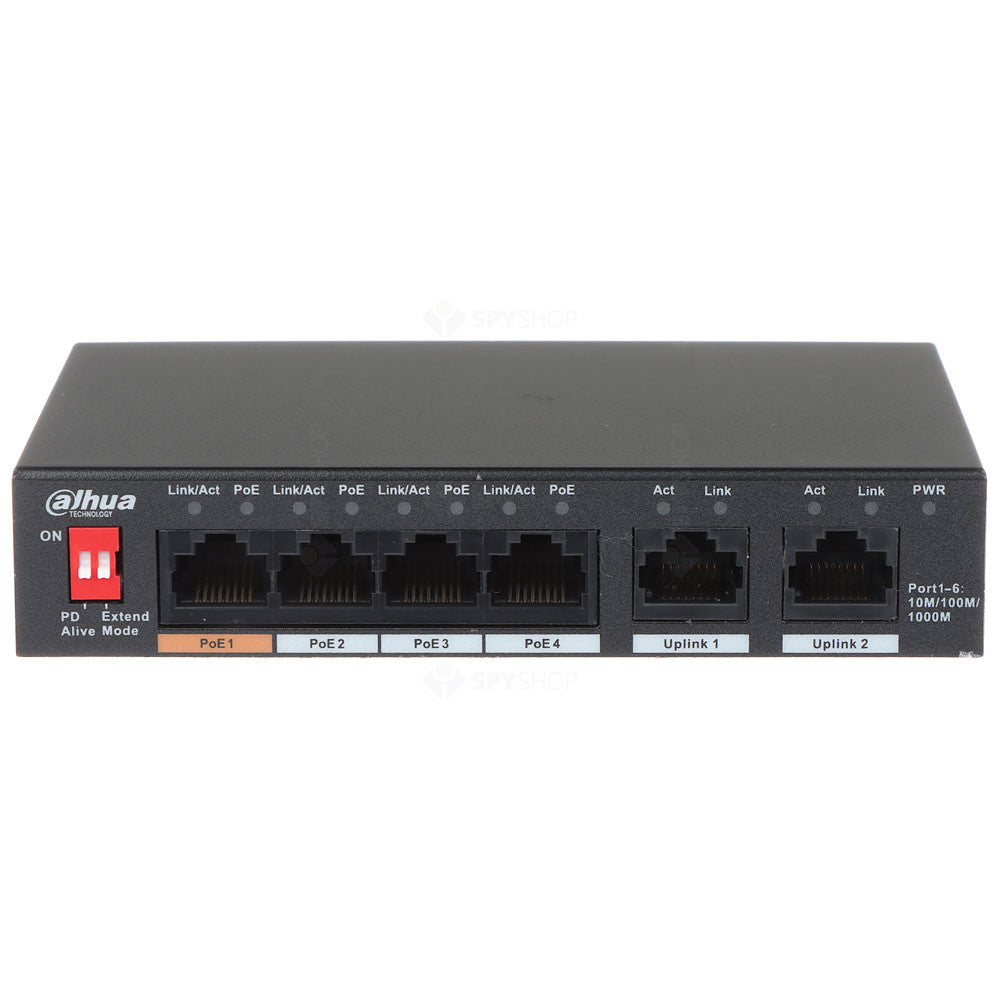 Switch cu 6 porturi Dahua Eco Series PFS3006-4GT-60-V2, 2000 MAC, 14 Gbps, fara management, PoE
