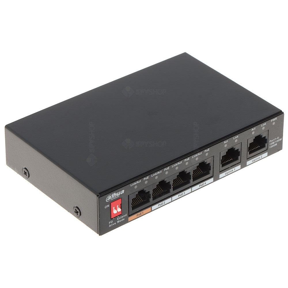 Switch cu 6 porturi Dahua Eco Series PFS3006-4GT-60-V2, 2000 MAC, 14 Gbps, fara management, PoE