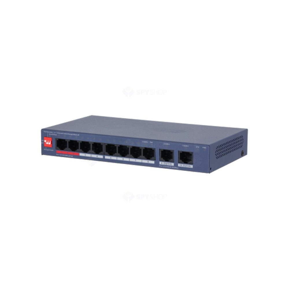 Switch PoE cu 10 porturi Dahua DH-CS4010-8ET2GT-110, buget 90 W, 2xGigabit uplink, 5.6 Gbps, 4.17 Mpps, Layer 2, cu management